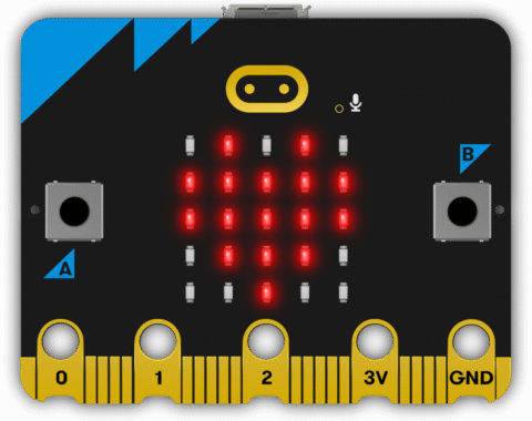 microbit with heart in the LED grid center.