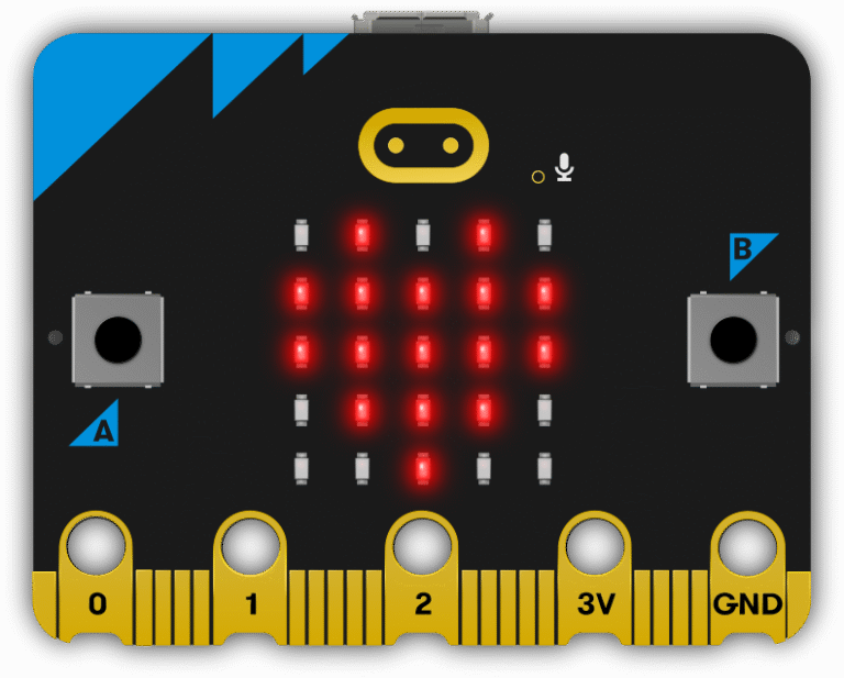 microbit with heart in the LED grid center.